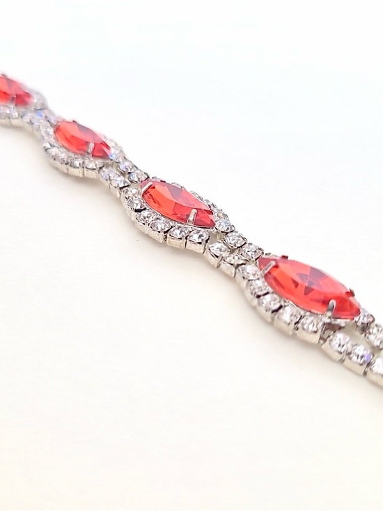 Jewelry - Red Marquise Rhinestone Tennis Bracelet Silver Tone Statement Vintage Style